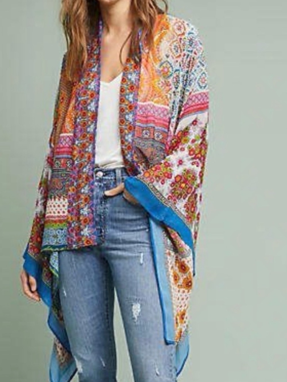 Vismaya Multicolor Boho Patchwork Kimono with Blue Trim 100% Rayon